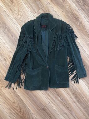VTG g4000 Hunter Green Genuine Suede Fringe Jacket Western Festival Boho Size XL